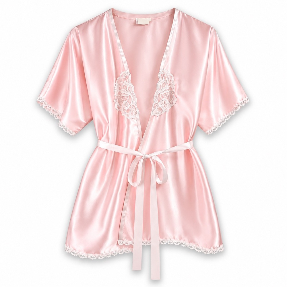 Fredericks of Hollywood Robe M Pink Satin Lace Vintage Made in USA